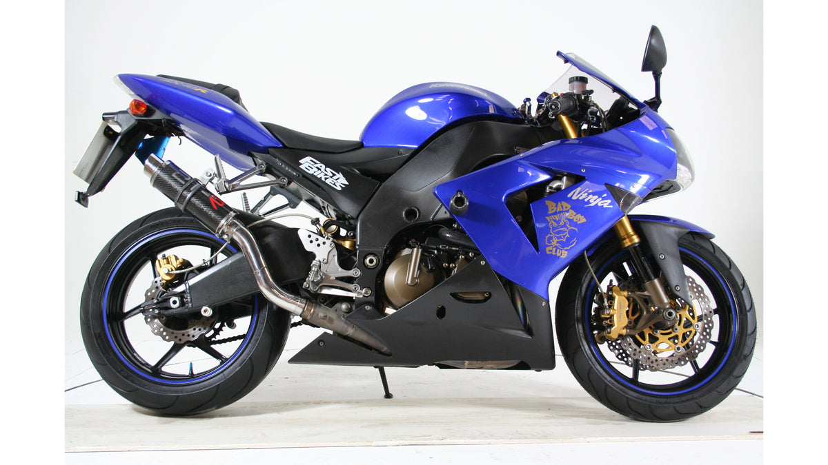 Real modified blue 2005 Kawasaki ZX-10R in side profile, photographed by Lavender1988, CC BY 3.0, with white side margins added for a wide cover; not a NiceFairings kit installation
