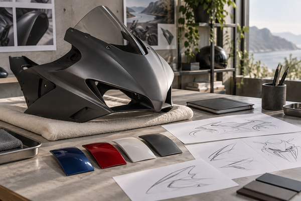 AI editorial concept: generic graphite fairing, reference sketches and color samples; not an actual 2027 model.