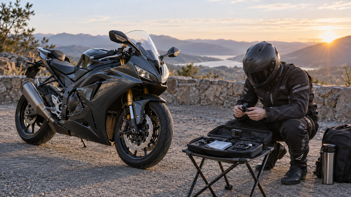 AI editorial concept of a rider checking an action-camera kit beside a fully faired sportbike at an outdoor overlook