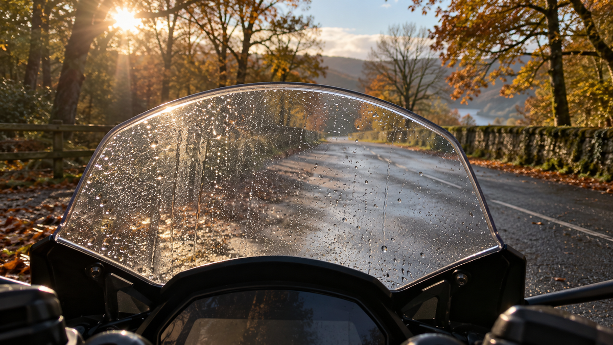 AI editorial concept from a parked sportbike rider viewpoint through a complete rain-streaked windscreen toward a sunlit autumn road