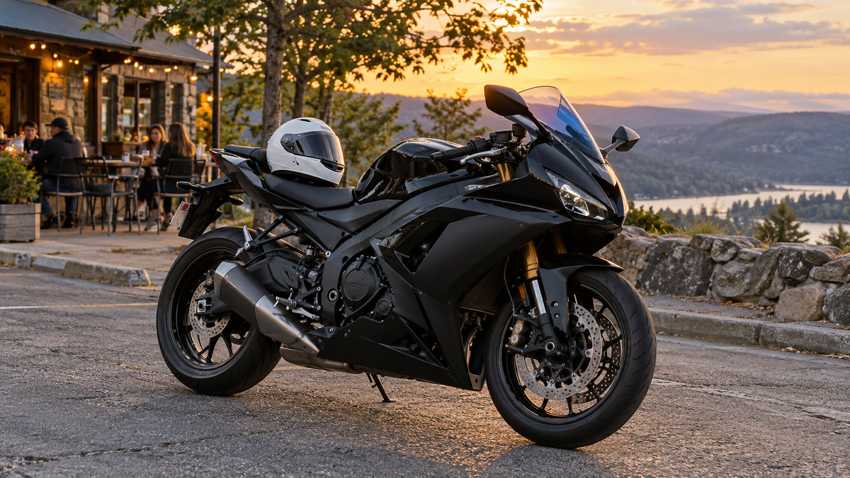 AI-generated editorial concept of a black fully faired sportbike and white helmet at a roadside cafe; not a NiceFairings product or fitment proof