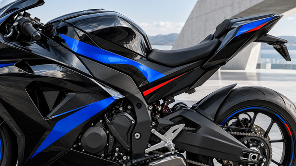 AI-generated black, blue and red sportbike color concept; not an exact BMW model, factory finish or actual product.