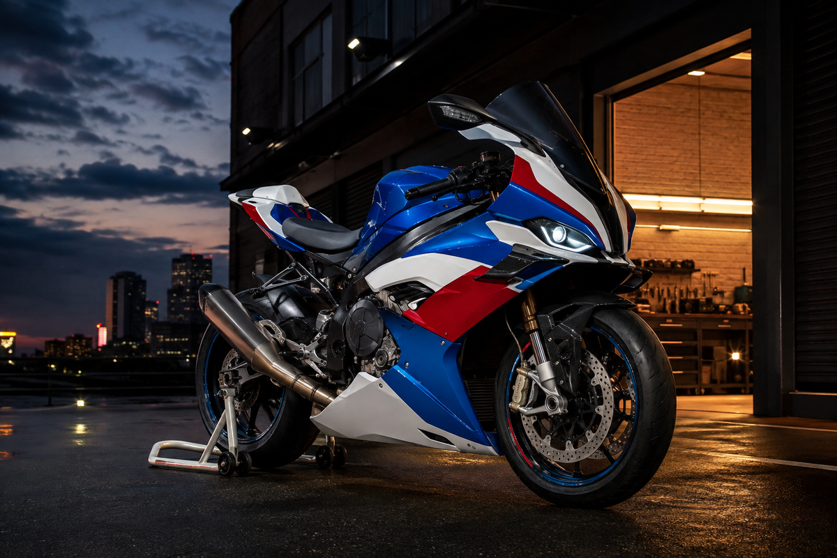Blue white and red modern superbike outside a performance workshop at dusk