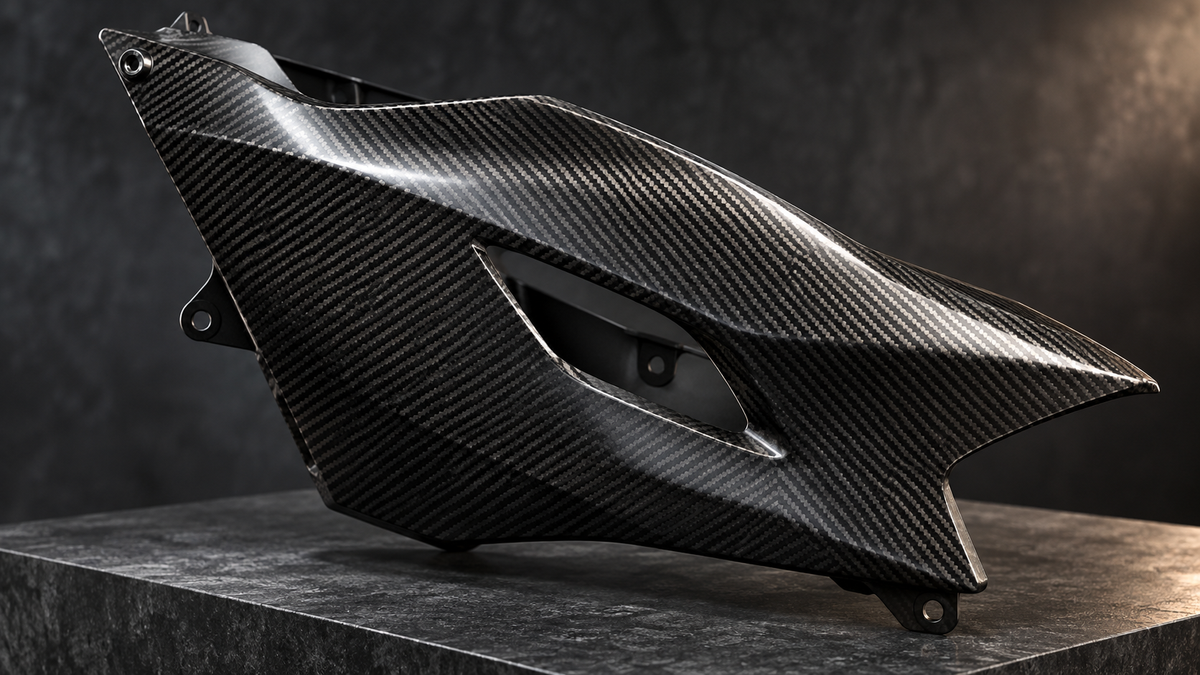 AI editorial illustration of a weave-pattern fairing panel; not an actual product or material identification reference.