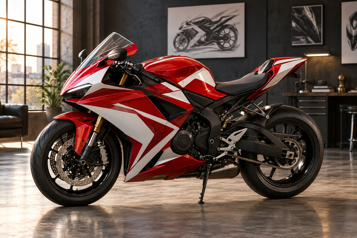 AI editorial concept of a red and white custom sport motorcycle, not an actual CBR500R product