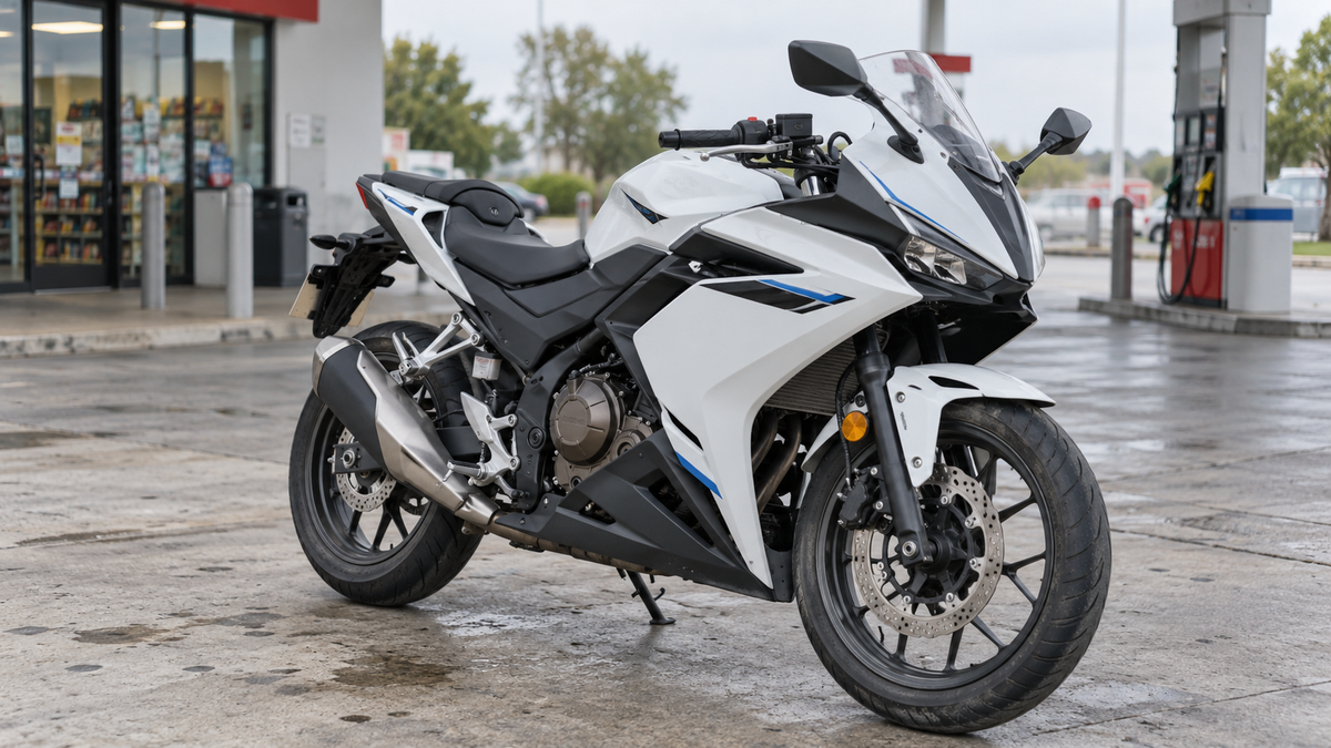 AI editorial image of a complete generic white sportbike at an everyday forecourt; not an exact 2018 or 2019 CBR500R or a fitment test