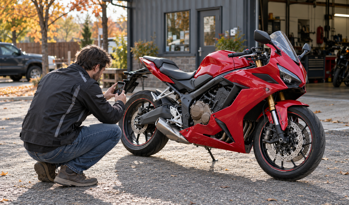 AI editorial concept of a rider photographing a red fully faired sportbike outdoors; not a CBR650R identification image or fitment test