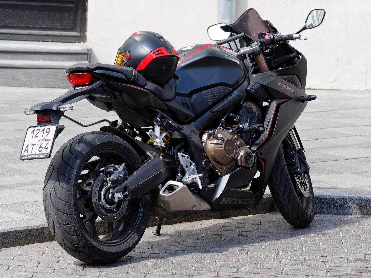 Real older-generation-looking Honda CBR650R parked outdoors in Moscow, photographed by Retired electrician, CC0; not a NiceFairings kit installation or verified model-year identification
