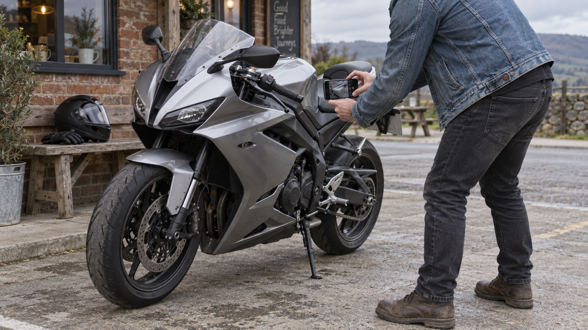 AI illustration of a rider documenting a silver sportbike outside a cafe; not an actual Triumph model test.