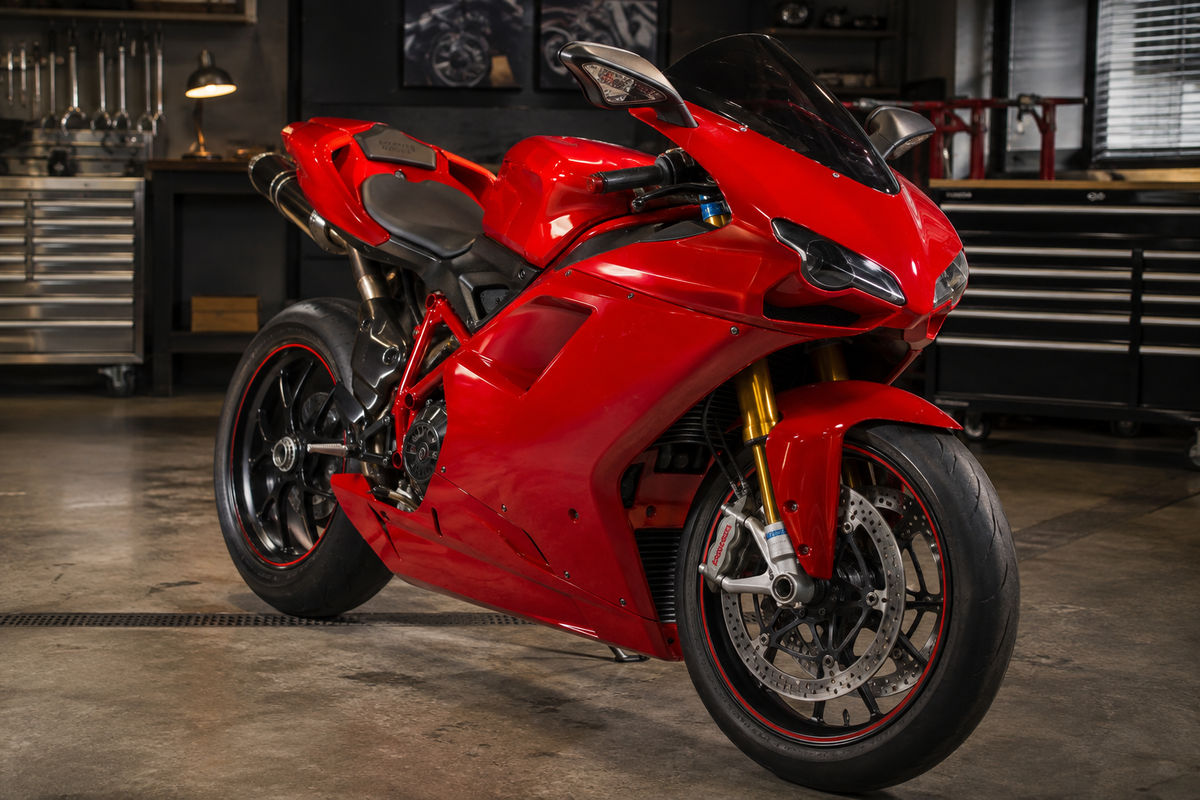 Red Italian-style fully faired sportbike in a professional workshop