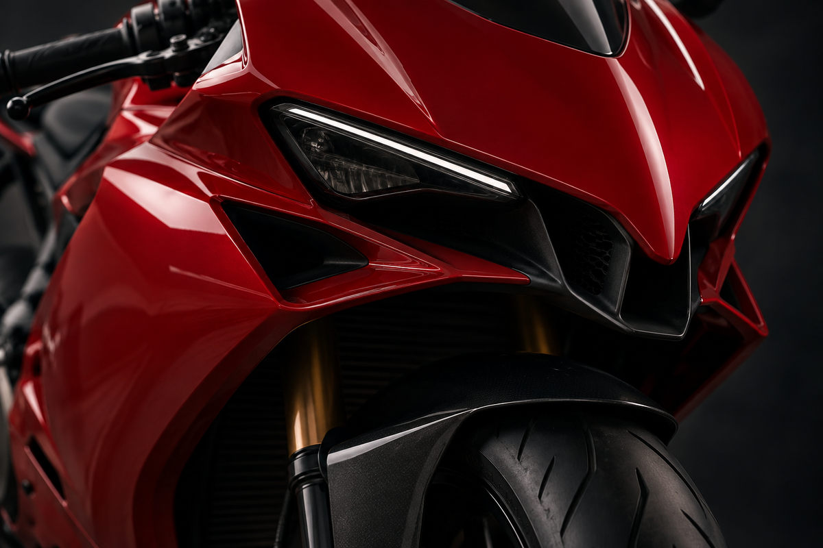 AI editorial concept of a red sport motorcycle front fairing, not an actual Ducati product photograph
