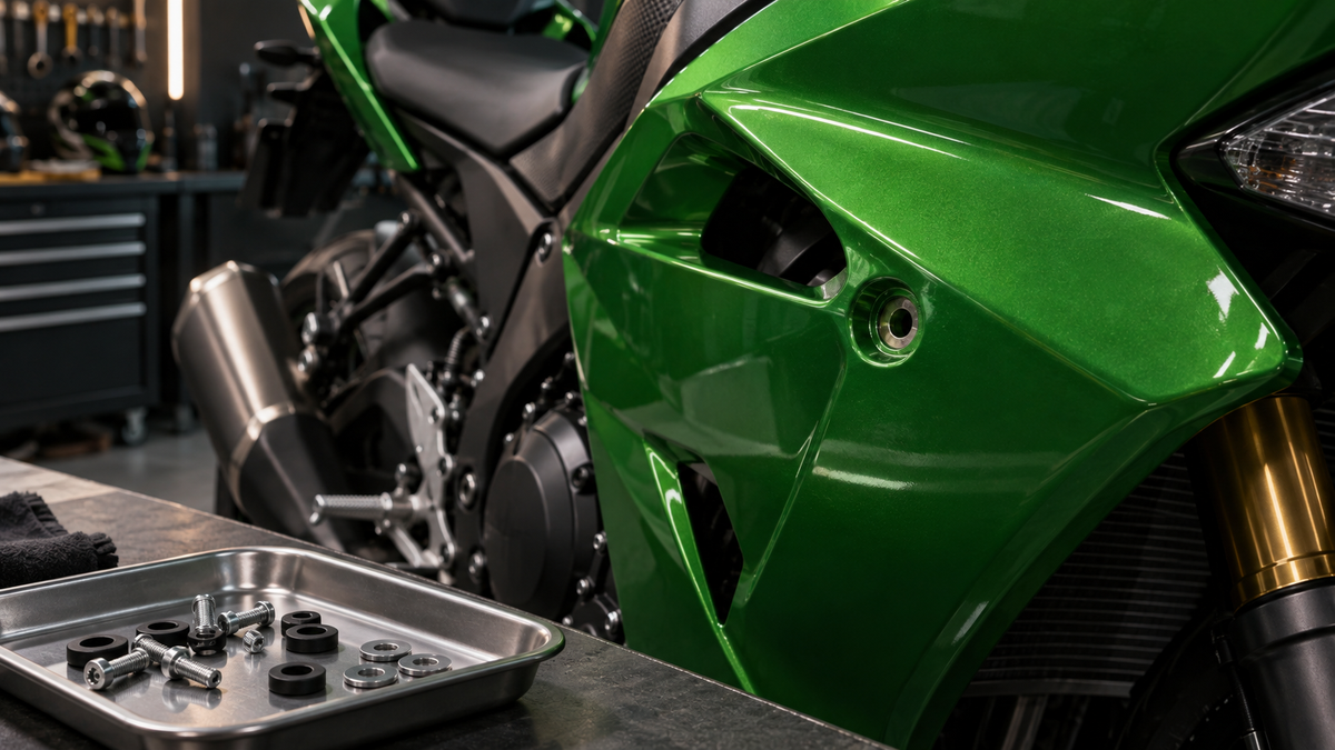 AI concept illustration of green fairing mounting details beside a tray of bolts, washers and rubber components.