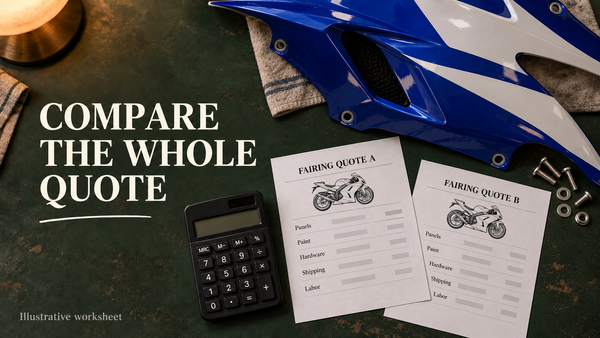 AI illustration of a blue and white motorcycle fairing panel, fasteners, calculator and two itemized fairing quote worksheets