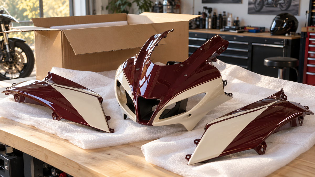 Concept illustration of burgundy and cream fairing panels beside a padded delivery carton.