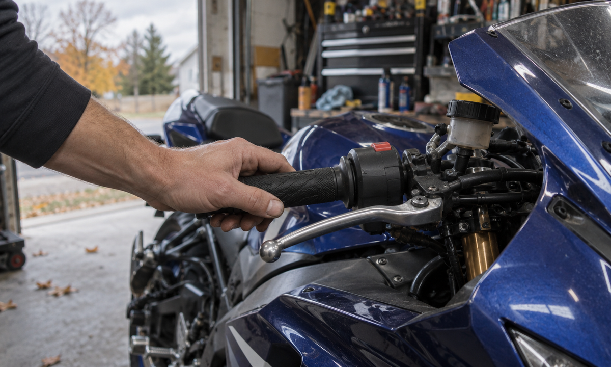 AI editorial concept of a mechanic checking a sportbike right-hand grip in a modest autumn garage; not a verified heated-grip installation
