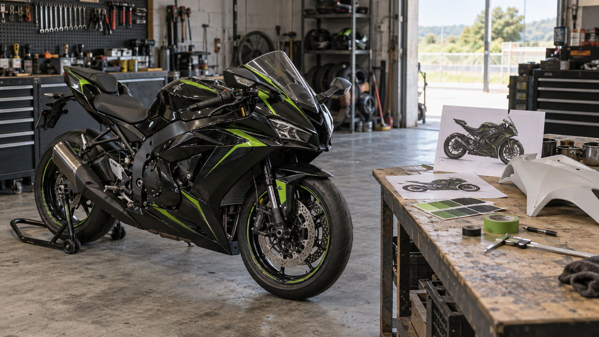 Black and green full-fairing sportbike beside concept sketches and an ABS panel in a working motorcycle workshop
