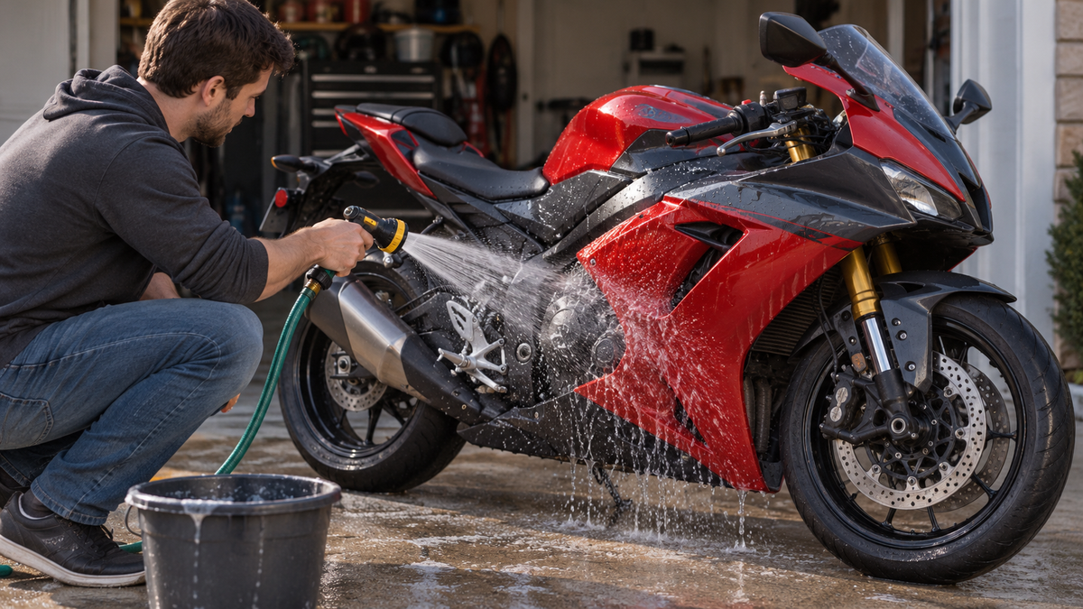 Rider gently rinsing a red and charcoal fully faired sport motorcycle with a low-pressure garden hose on a wet driveway