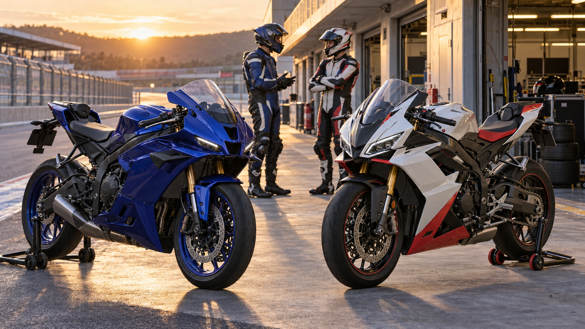 Blue 2026-style middleweight sportbike and white red Italian-style sportbike together in a circuit pit lane at sunset