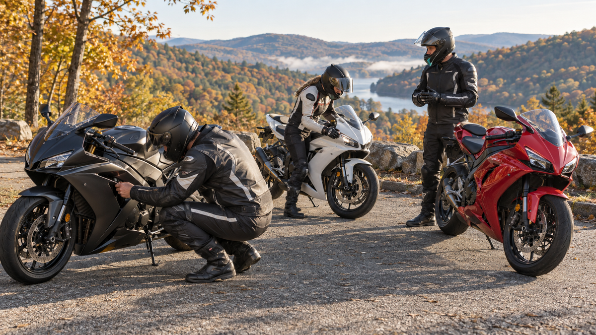 Editorial concept of geared riders checking sportbike fairing seams and lights at an autumn scenic pull-off