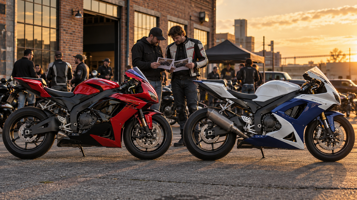 Editorial comparison of red and white-blue sport motorcycles at a sunset rider meet