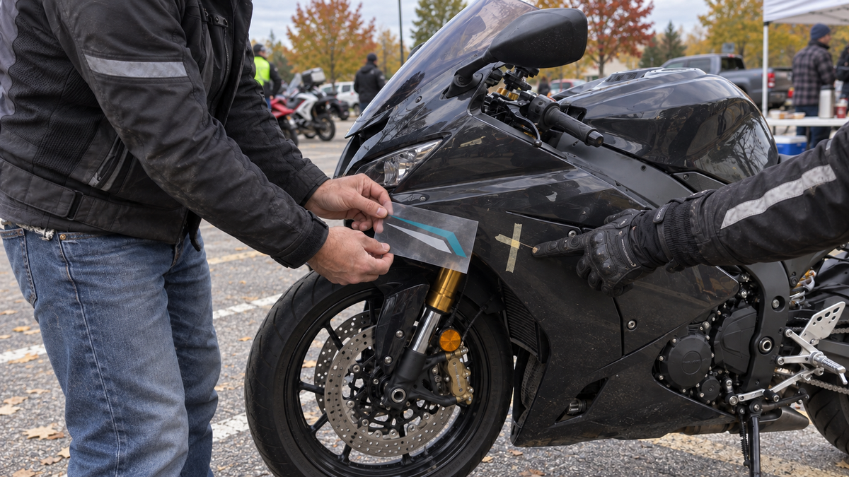 Candid charity-ride participants aligning a small temporary vinyl decal on a used black sportbike fairing