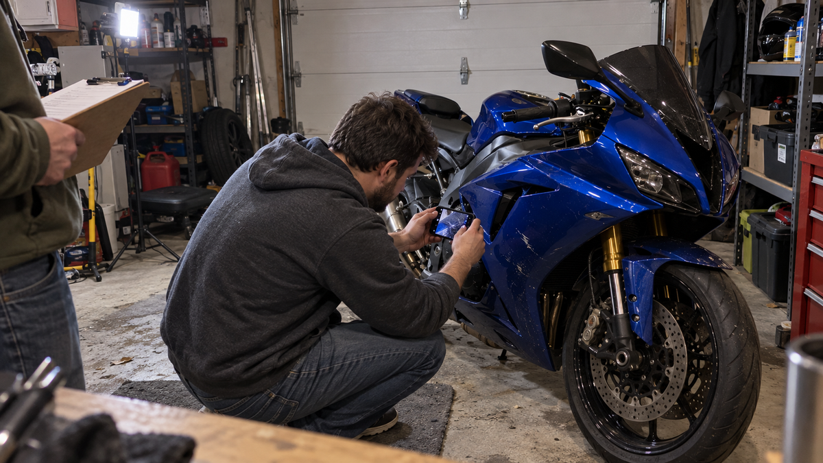 Candid editorial concept of a rider photographing scuffs on a used sportbike fairing during a garage condition audit