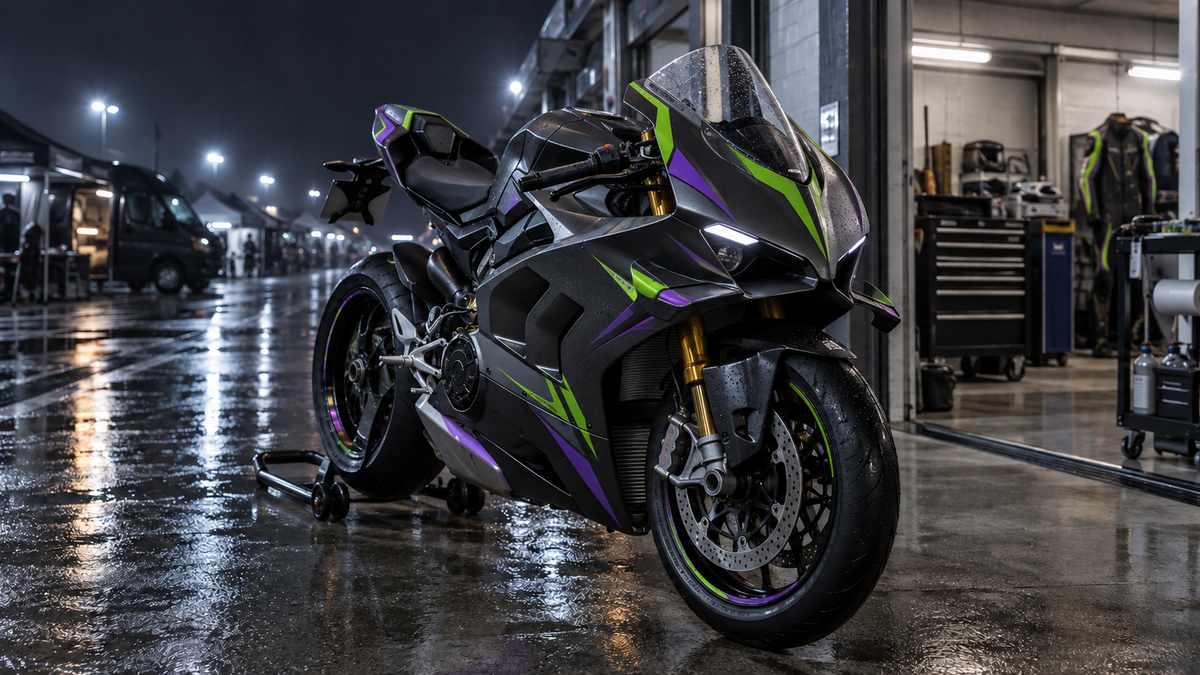 AI conceptual photograph of an unbranded Italian-style sportbike with violet and green graphics in a rainy night paddock