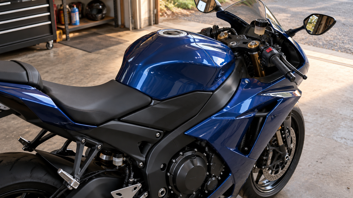 Complete blue sportbike viewed from above with the fuel tank seat and side fairing interface clearly visible