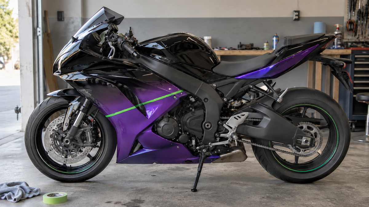 AI editorial concept of an unbranded sportbike in side profile with black-to-violet fairings and a narrow lime line across a panel seam
