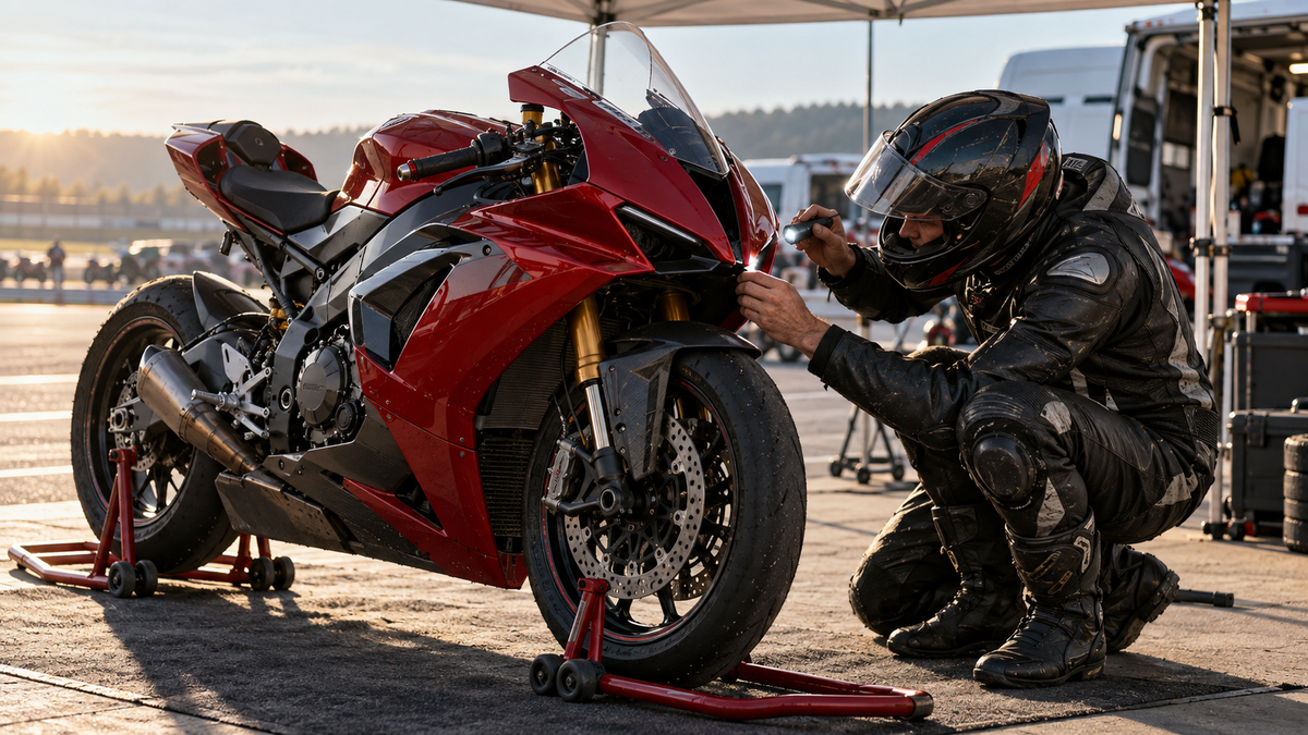 Helmeted rider inspecting a red sportbike fairing seam in an outdoor track-day paddock