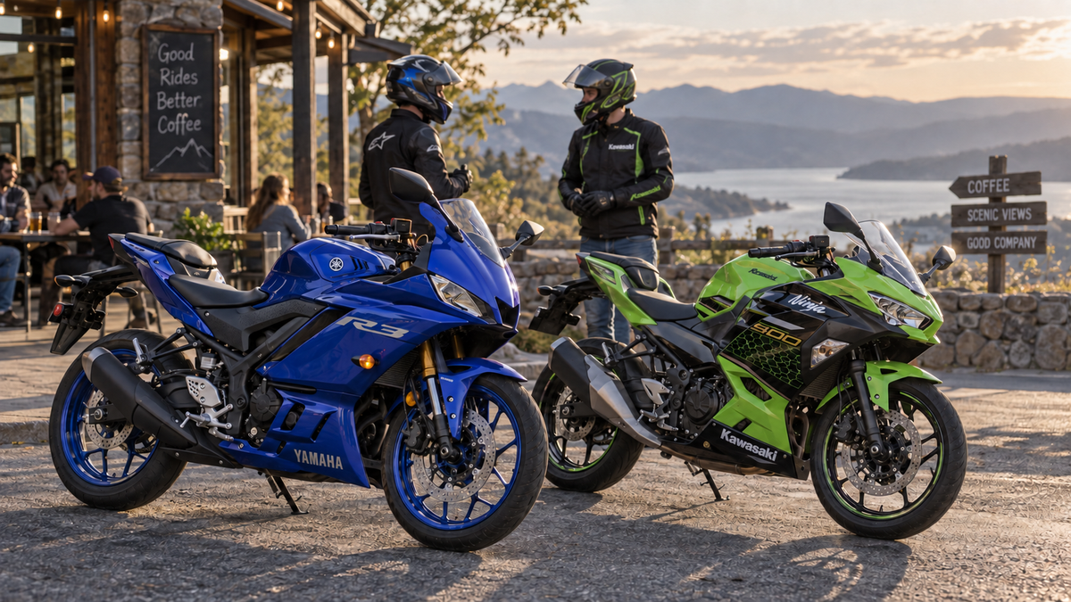 Blue Yamaha YZF-R3 style motorcycle and green Kawasaki Ninja 400 style motorcycle at a scenic riders club meetup