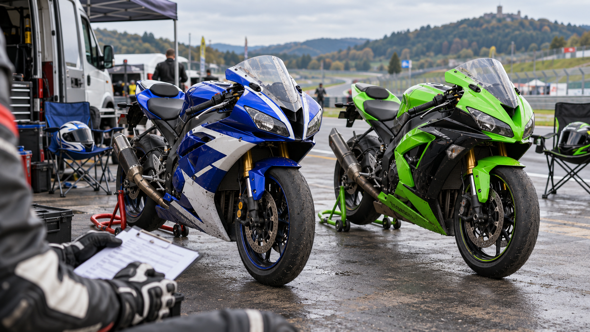 Editorial comparison of blue and green middleweight sport motorcycles in a wet track-day paddock