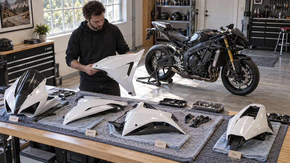 Owner organizing stored factory sportbike fairings on a padded workbench before returning the motorcycle to stock
