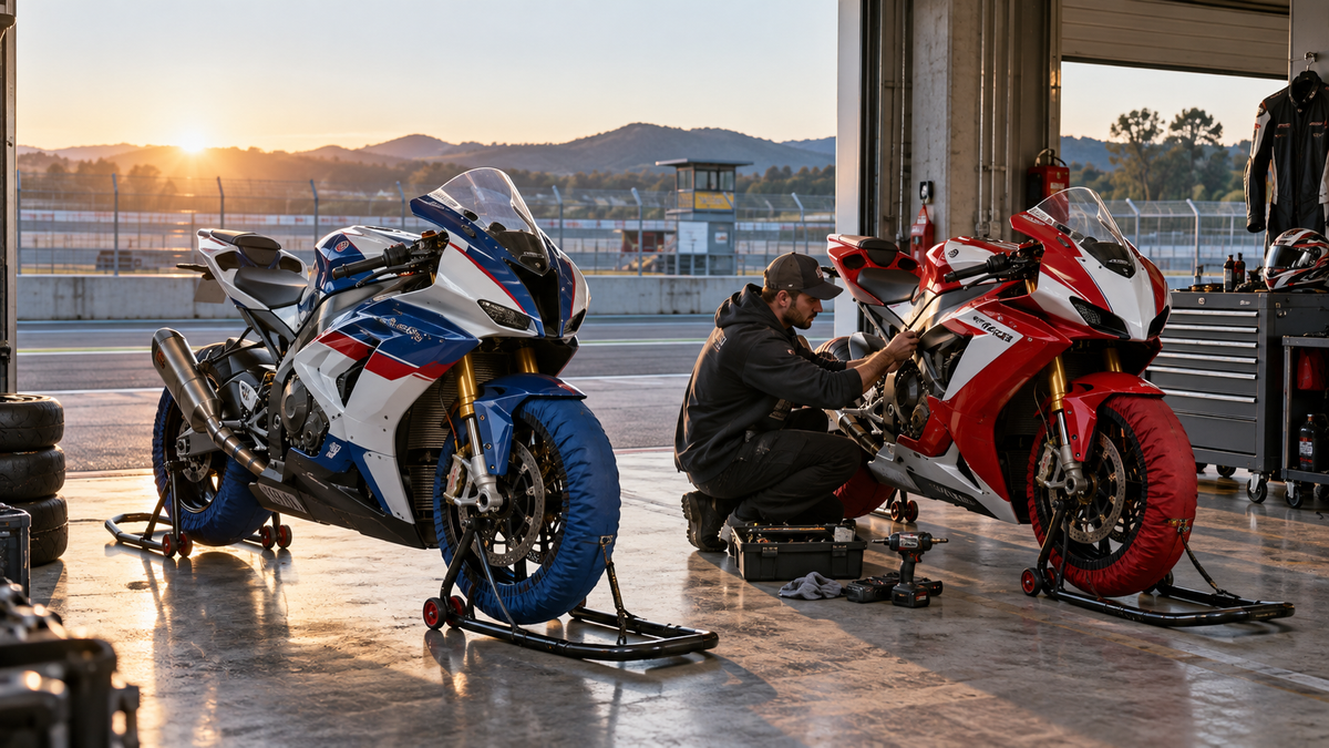 Two liter-class sport motorcycles undergoing fairing preparation in a real track-day garage