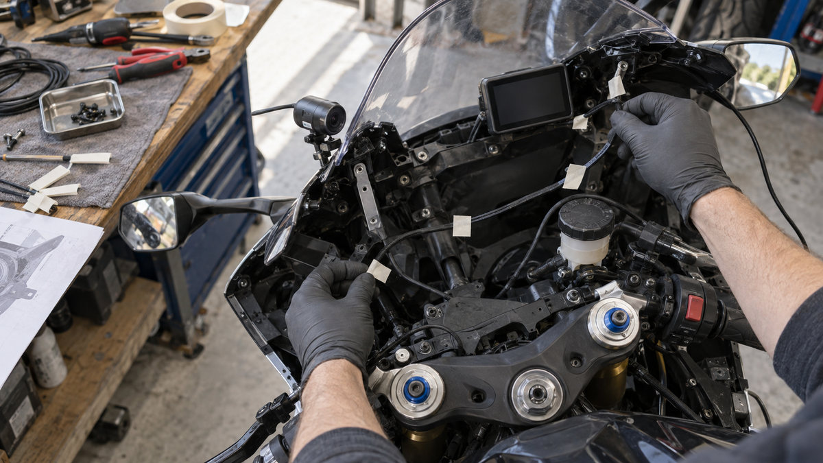 AI conceptual workshop photograph of a technician planning camera and display cable routes around an open sportbike cockpit