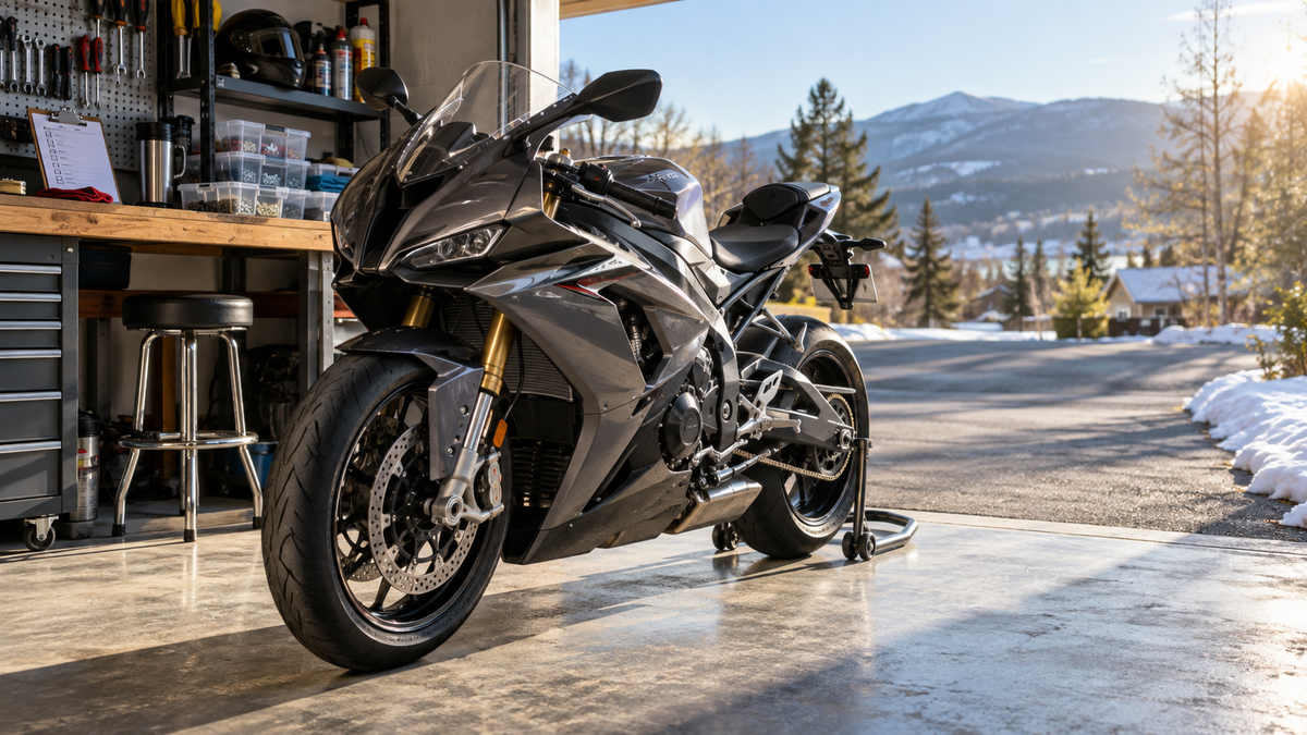 Complete sportbike at an open home garage during a spring recommissioning inspection