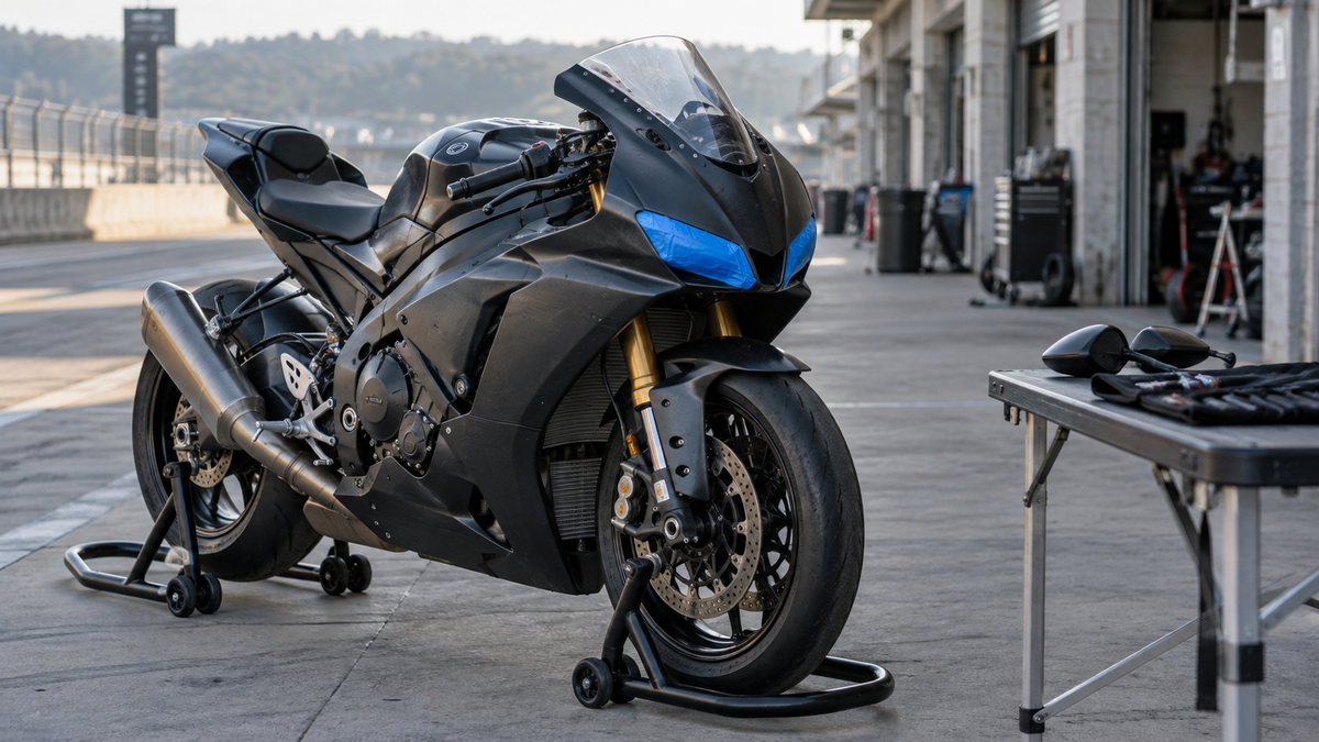 Complete fully faired sportbike with taped headlights and removed mirrors on paddock stands at an outdoor track day