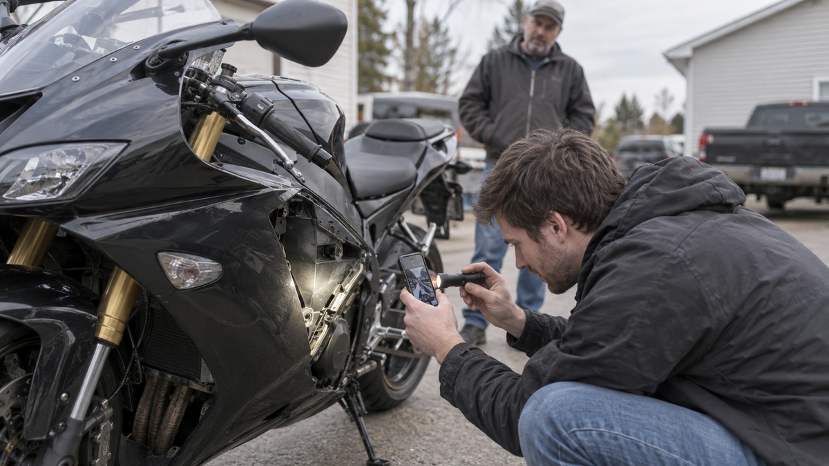 AI editorial concept of a person photographing a sportbike fairing's exposed inner area during a used-bike viewing