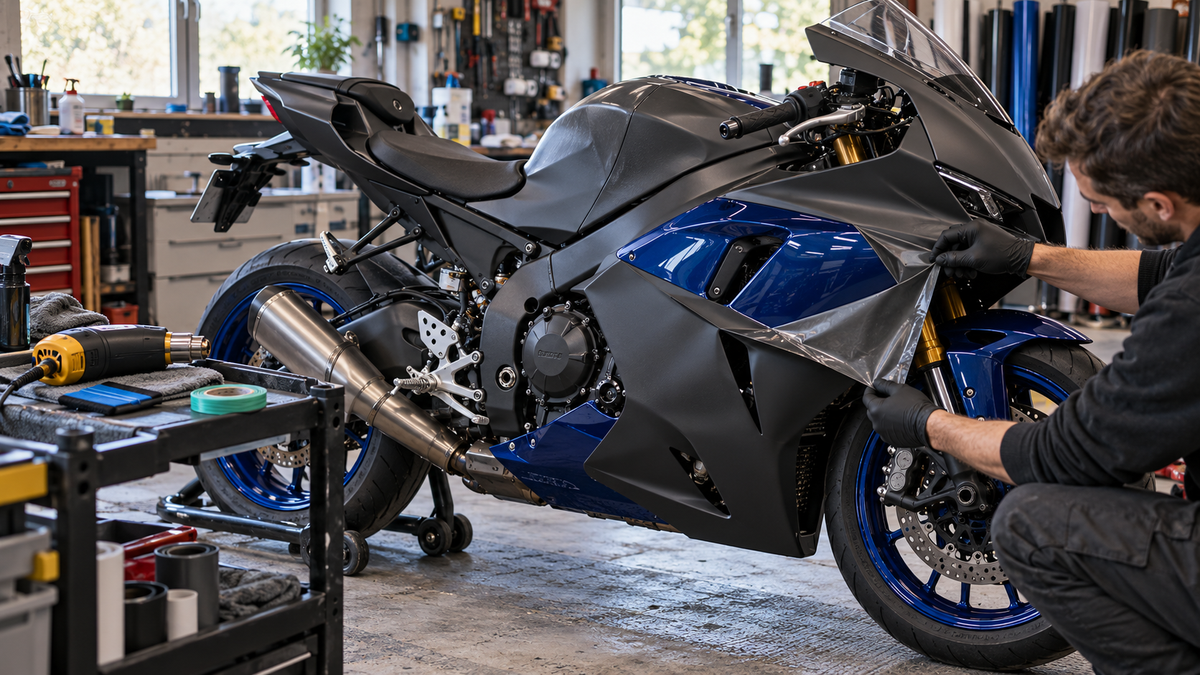 Editorial concept of a technician peeling matte vinyl from a blue sportbike side fairing in a daylight workshop