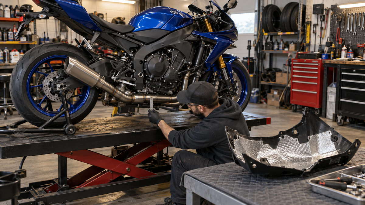 Technician measuring exhaust clearance beside a blue sport motorcycle with a heat-shielded belly pan on a workshop bench