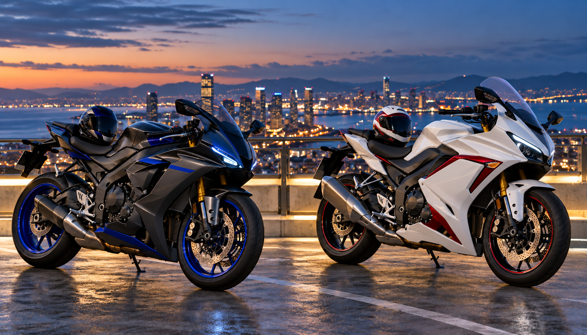Editorial concept of two complete street sport motorcycles with contrasting blue and white-red fairing styles at a city overlook