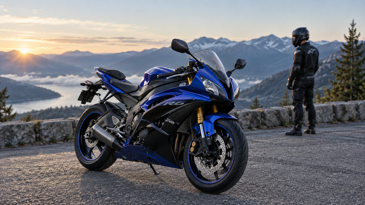 Complete blue Yamaha YZF-R6 2008–2016 style sportbike at a mountain overlook with its front fairing fully visible