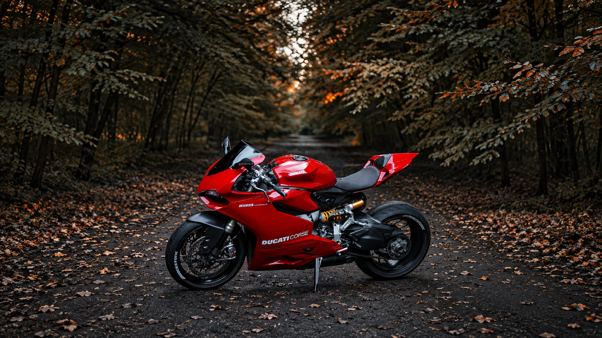 Complete red Ducati Panigale with full fairings on a wooded road