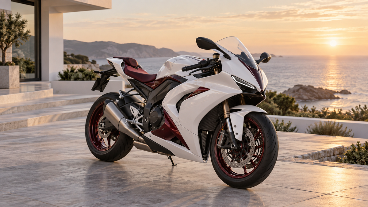 AI editorial illustration of a pearl-white sport motorcycle outdoors, not an actual product photograph.