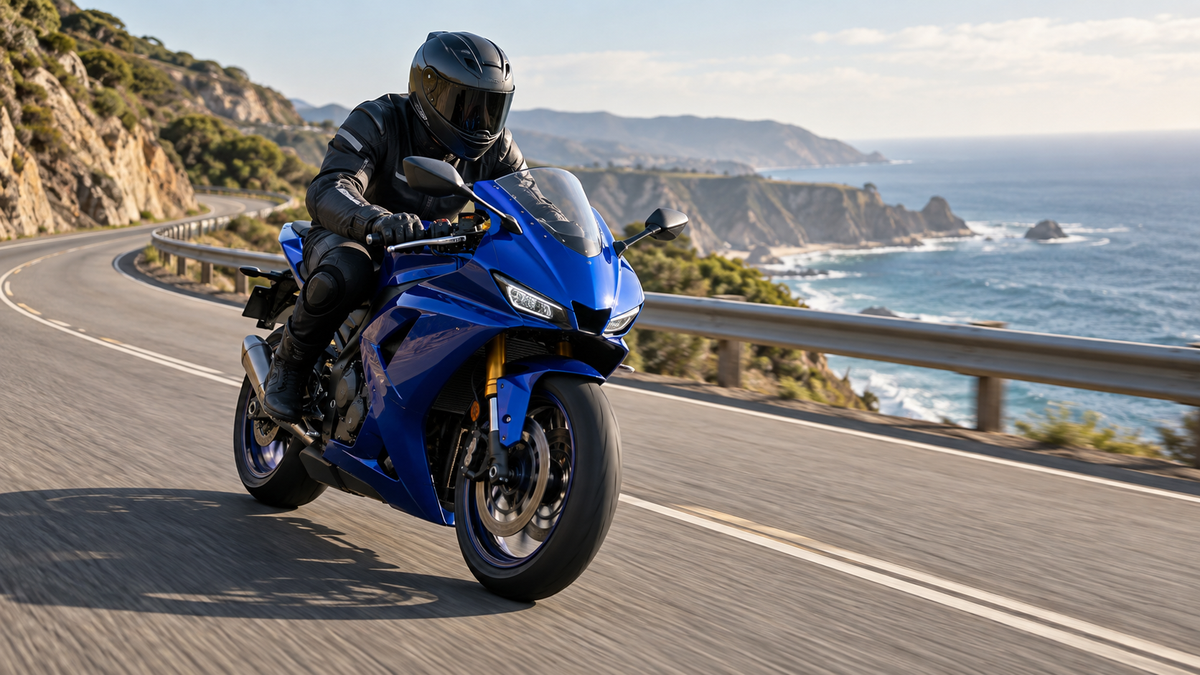 AI editorial illustration of a fully equipped rider on a blue sport motorcycle; not an exact Yamaha year-specific photograph.