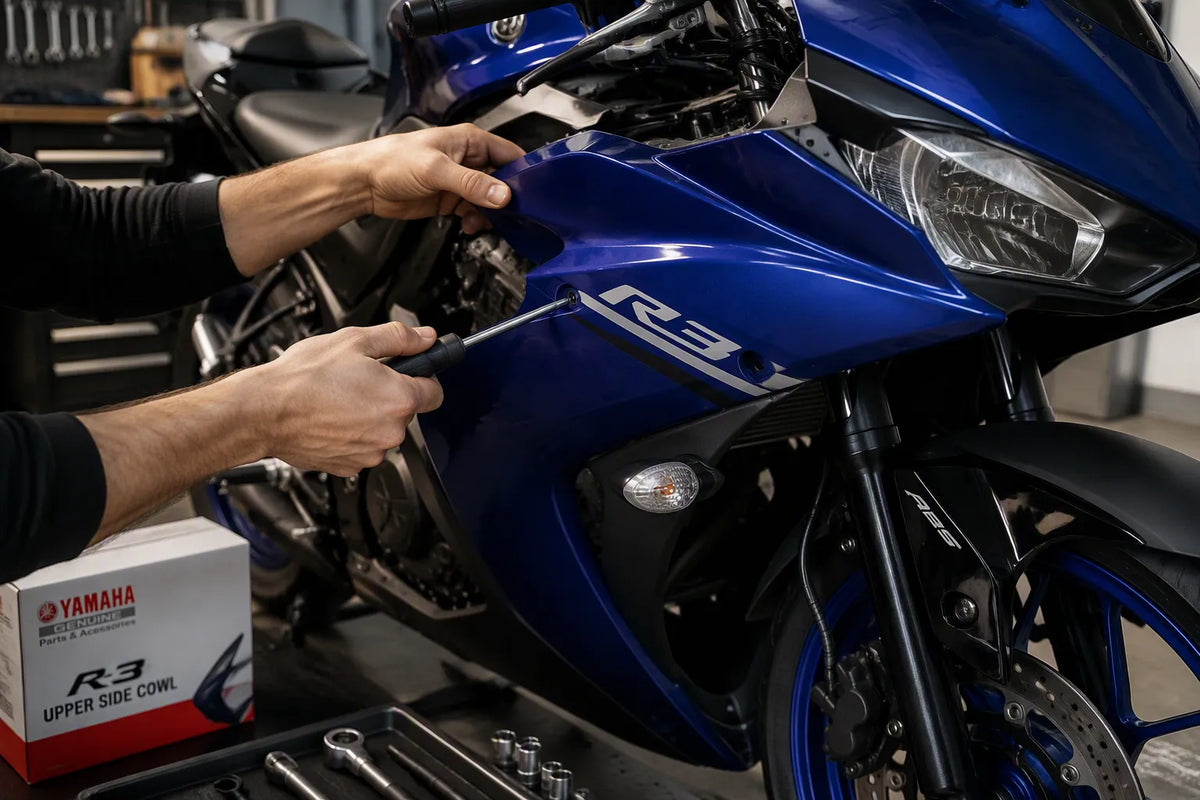 Mechanic aligning a blue Yamaha R3 side fairing in a workshop