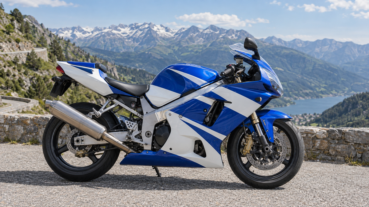 AI illustration of a blue and white period-inspired sportbike at a mountain overlook