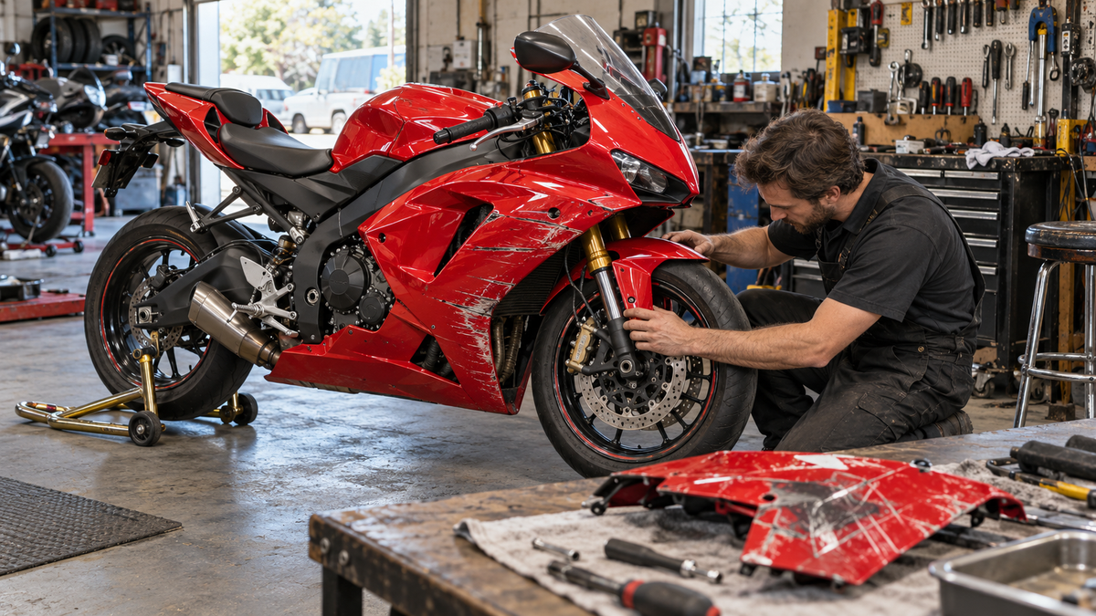 AI-generated editorial concept of a scratched red sportbike and a mechanic examining the front wheel in a workshop; not a real claim or proof of roadworthiness