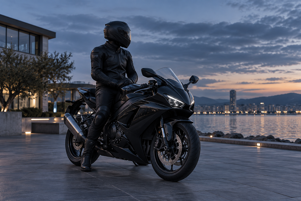 AI editorial illustration of a rider with a black sport motorcycle at a waterfront; not an actual P119 product