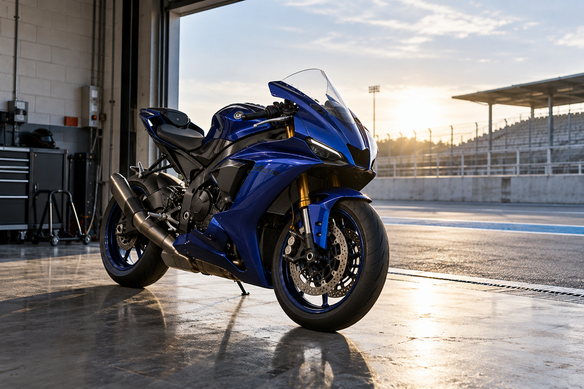 AI editorial illustration of a sport motorcycle at a pit garage; not an exact Yamaha model-year photograph.